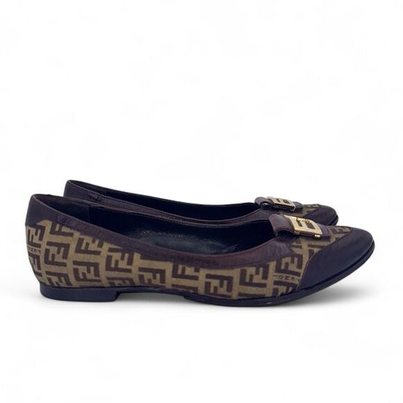 FENDI Brown Monogram FF Zucca Canvas Pointed Toe Ballet Flats Size IT37 - Picture 3 of 11
